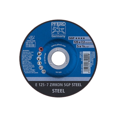 Pferd 5" x 1/4 Grinding Wheel, 7/8" A.H. - ZIRKON SGP STEEL - Type 27 61554
